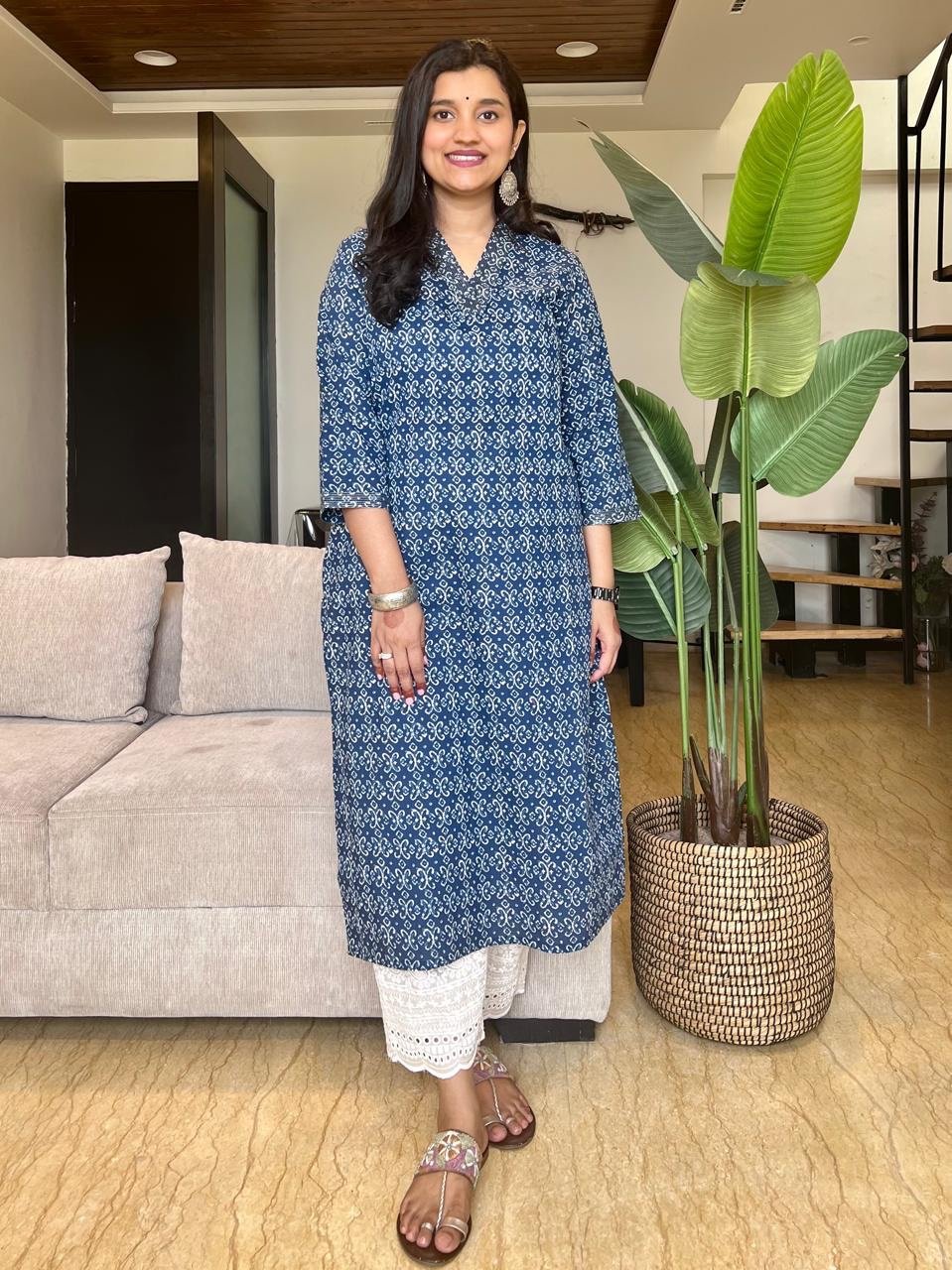 V- Neck Cotton Kurta- Indigo Jaal