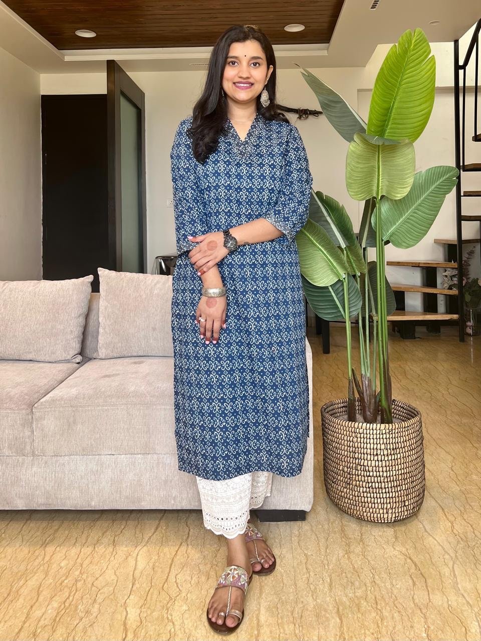 V- Neck Cotton Kurta- Indigo Jaal
