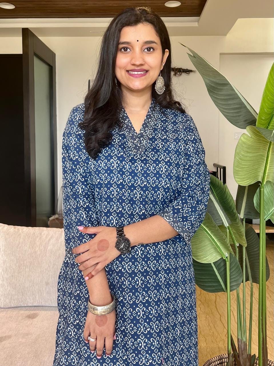 V- Neck Cotton Kurta- Indigo Jaal