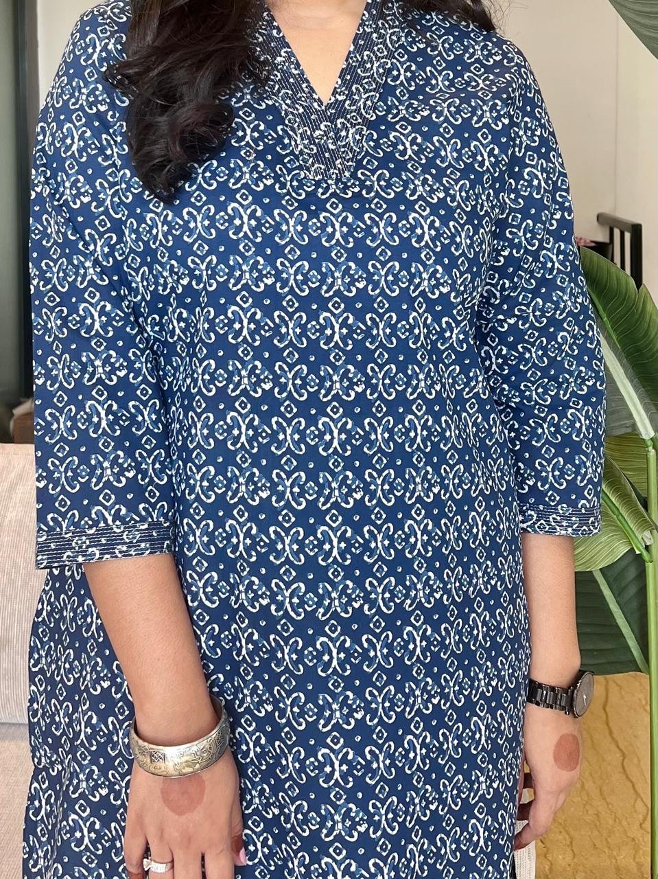 V- Neck Cotton Kurta- Indigo Jaal