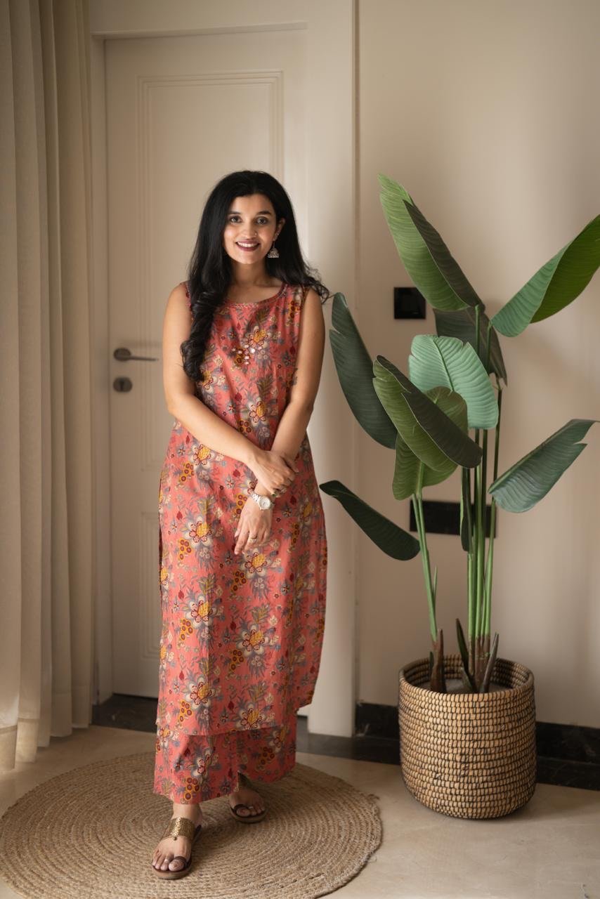 Kisha Sleeveless Cotton Set- Pink Floral