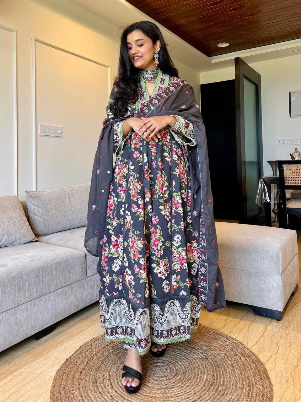 Naazreen Heavy Anarkali Set- Grey