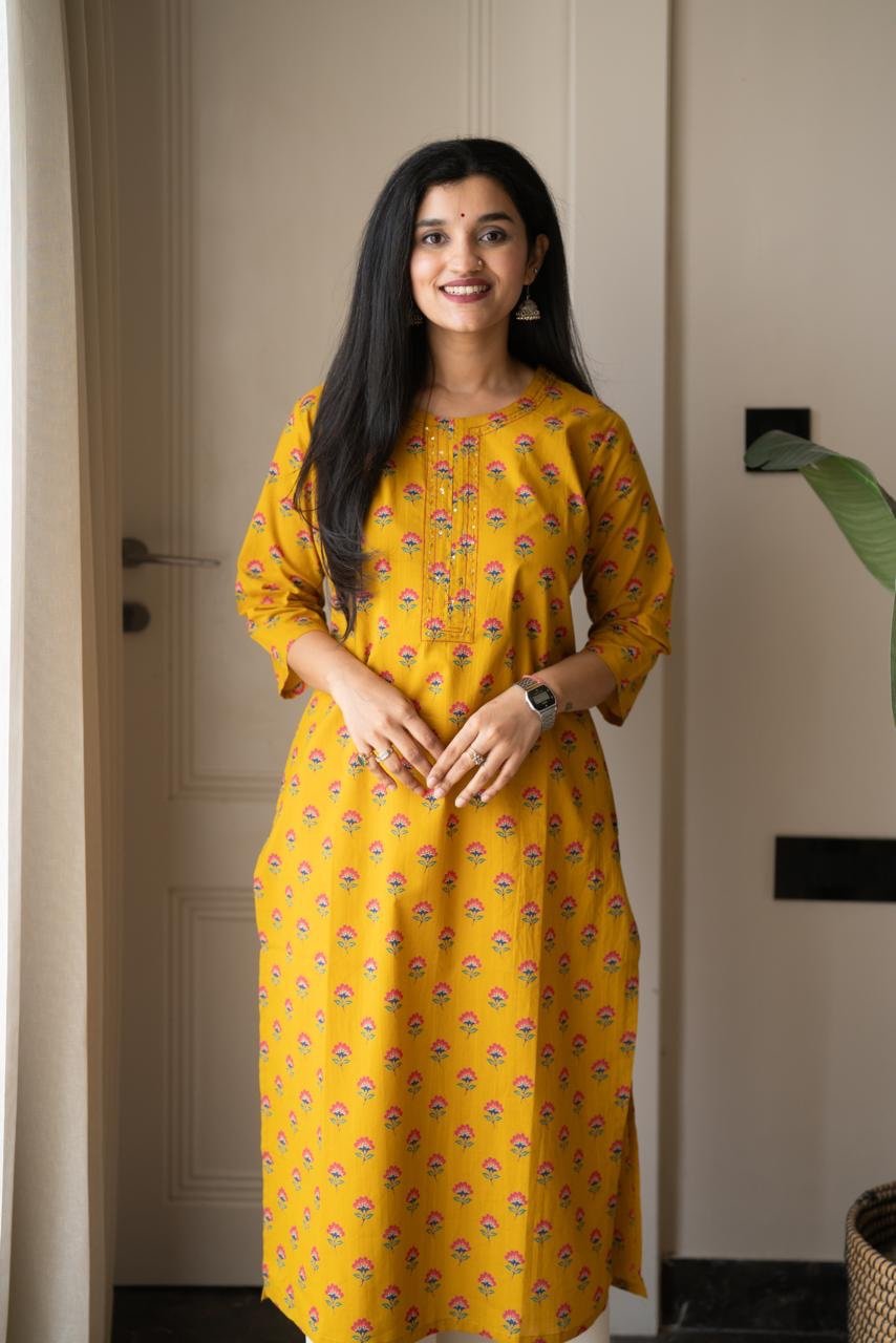 Rusha Straight Cotton Kurti- Mustard