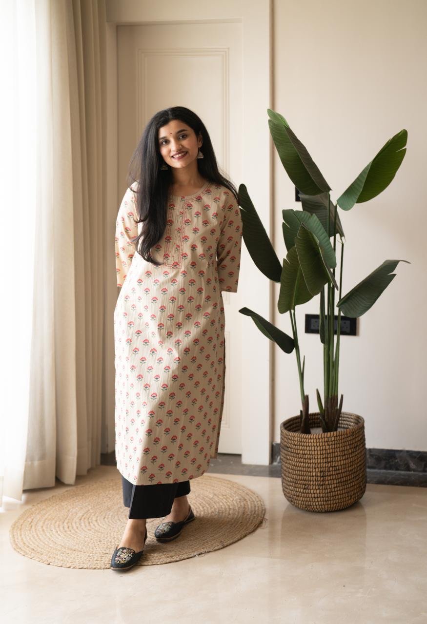 Rusha Cotton Straight Kurta- Nude