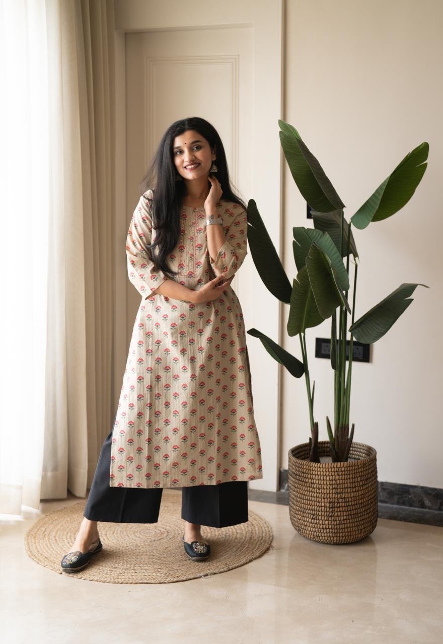 Rusha Cotton Straight Kurta- Nude