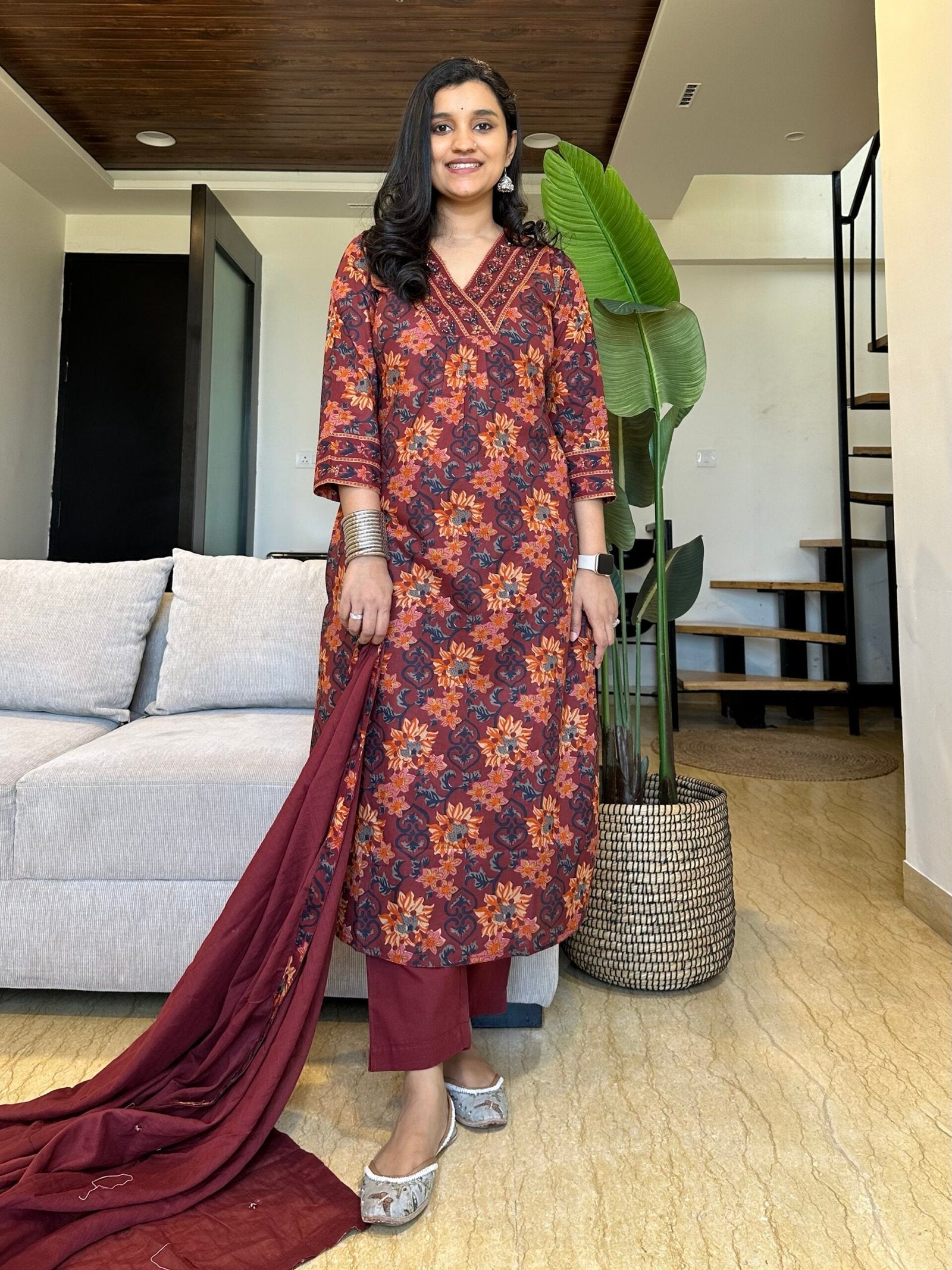 Budget Cotton Floral Suit- Maroon