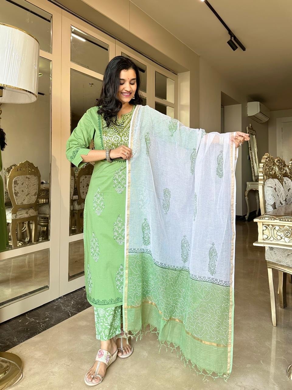 Sitara Handwork Boota Cotton Suit- Green