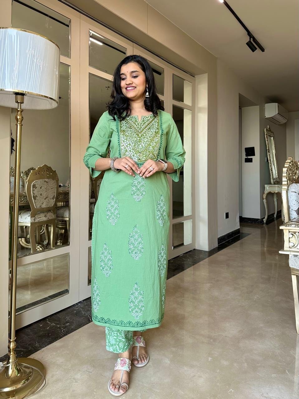 Sitara Handwork Boota Cotton Suit- Green