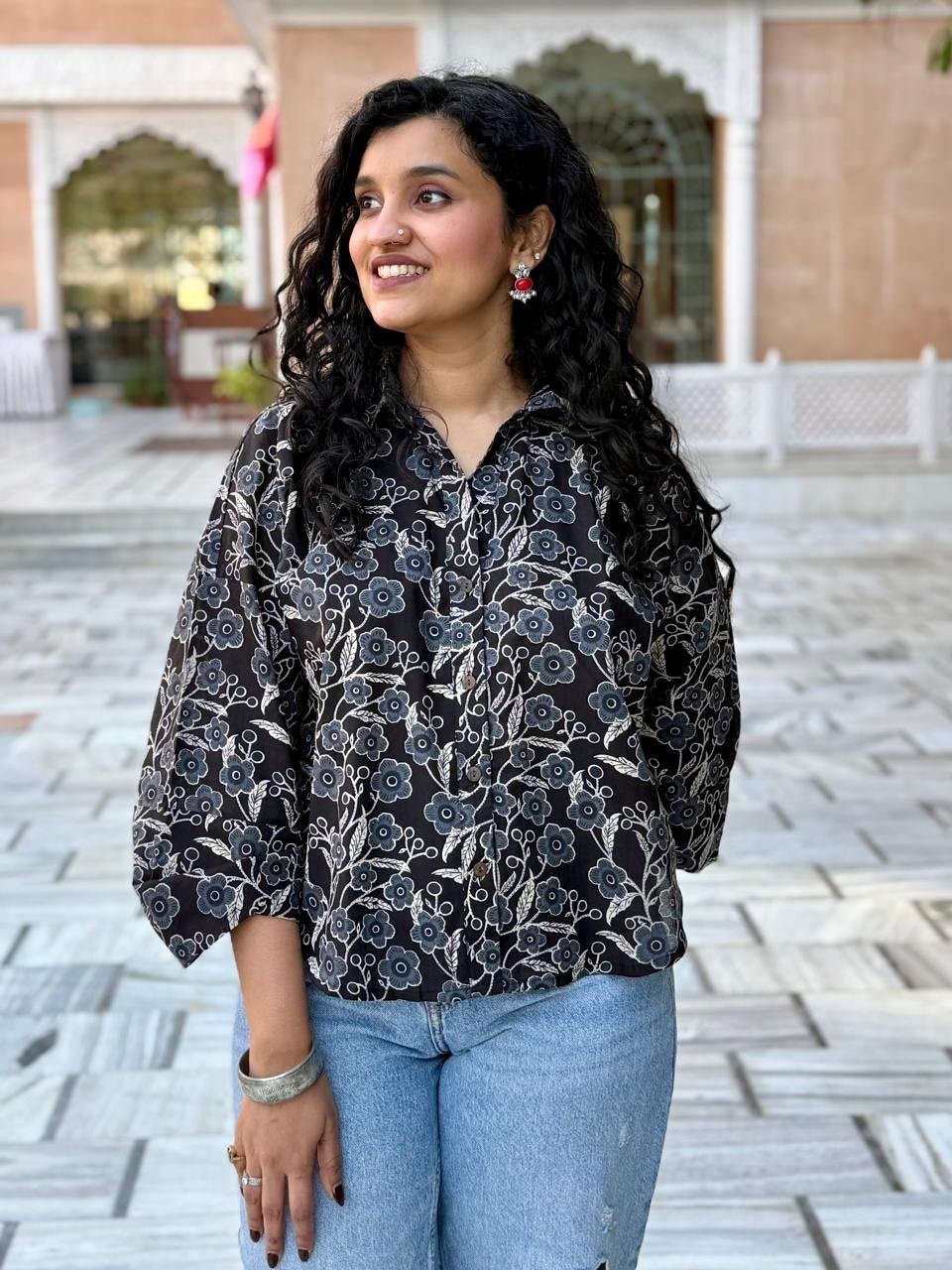 Krusha Short Cotton Shirt- Black Blue Floral Jaal