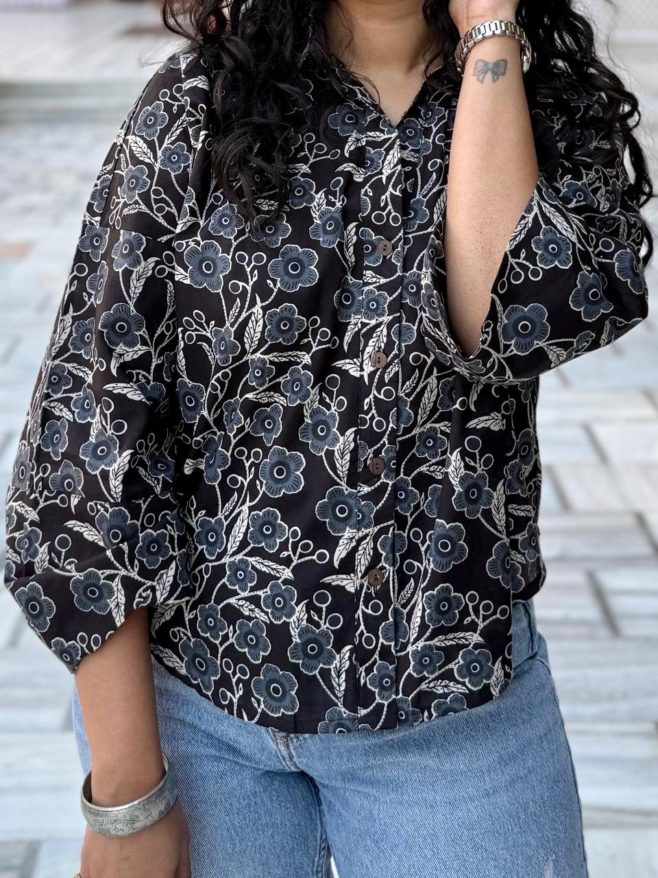 Krusha Short Cotton Shirt- Black Blue Floral Jaal