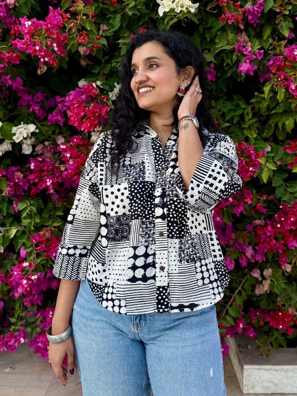 Krusha Short Cotton Shirt- Black and White Mix