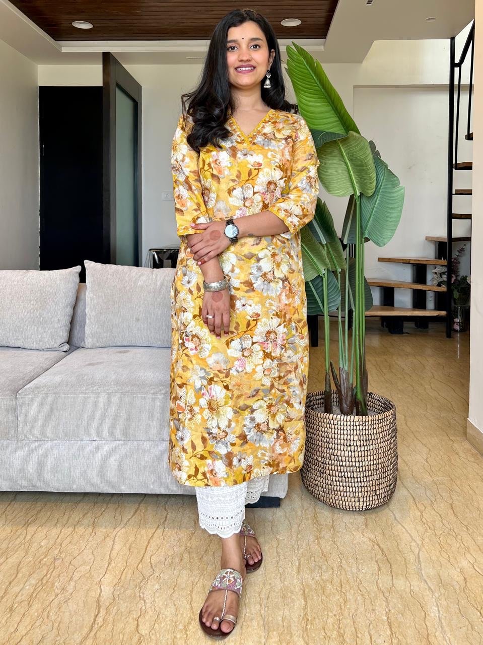 Premium V-Neck Kurta- Yellow