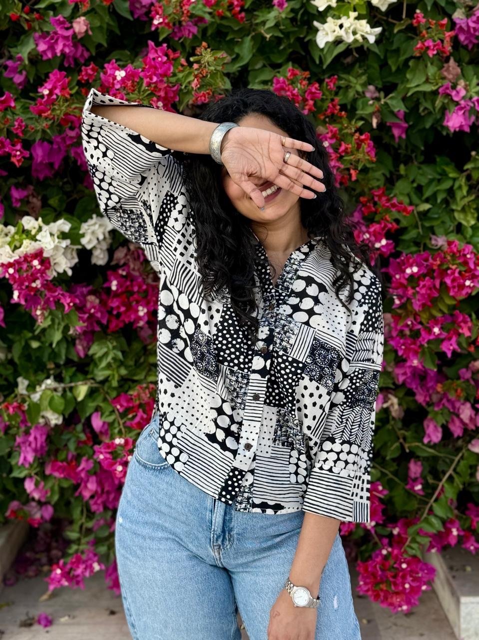 Krusha Short Cotton Shirt- Black and White Mix