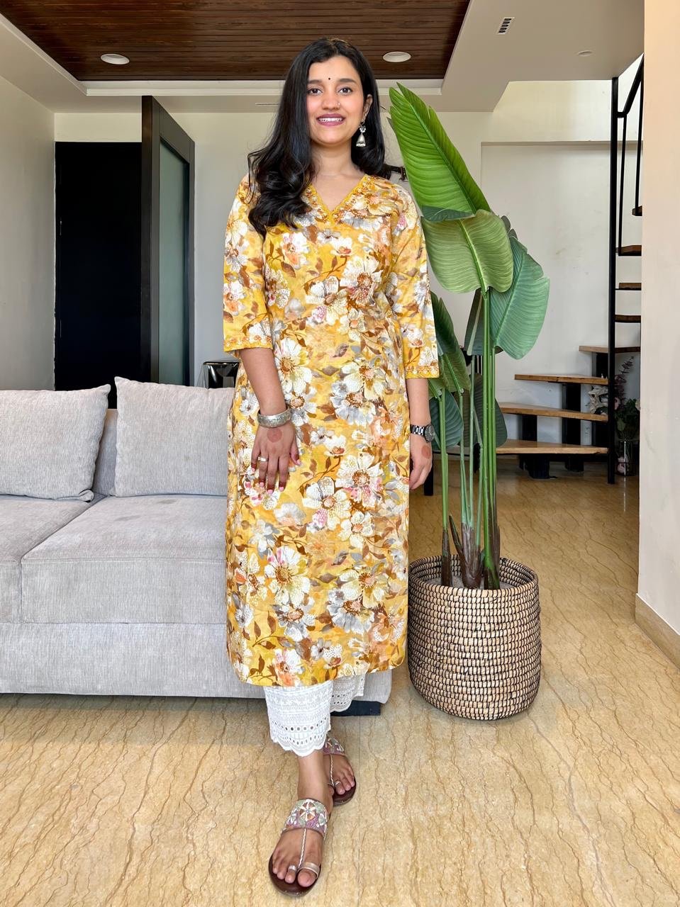 Premium V-Neck Kurta- Yellow