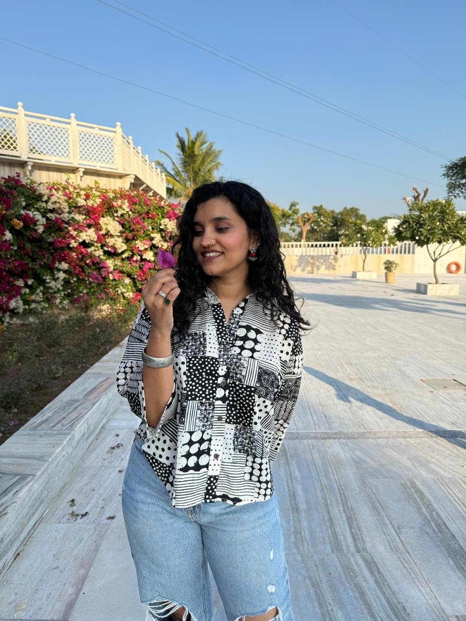 Krusha Short Cotton Shirt- Black and White Mix