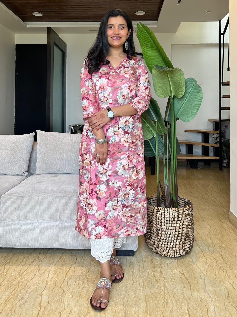 Premium V-Neck Kurta - Pink