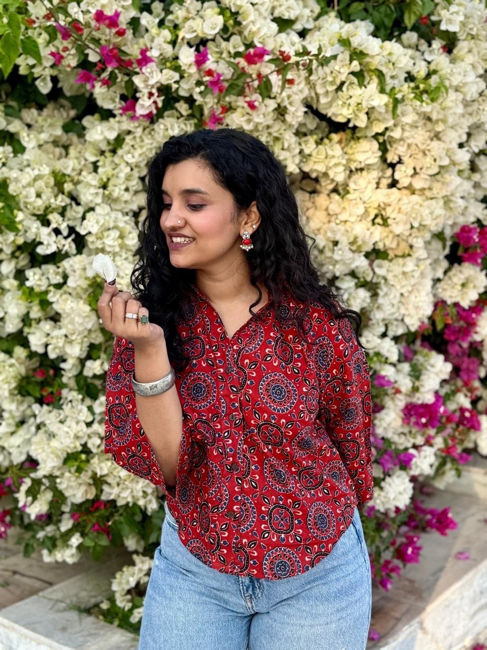 Krusha Short Cotton Shirt- Maroon Ajrak