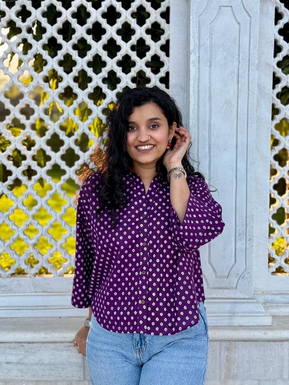 Krusha Short Cotton Shirt- Purple Bandhej