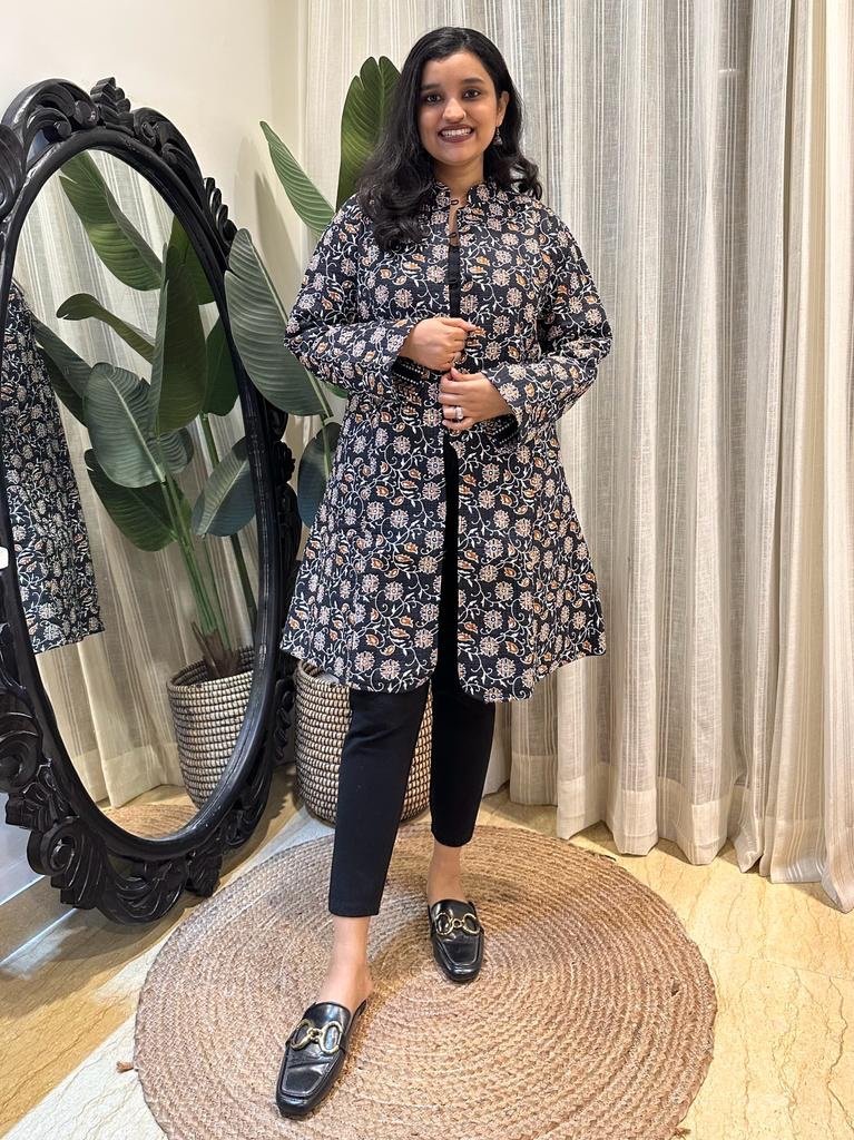 Reversible Quilted Long Jacket- Black Floral