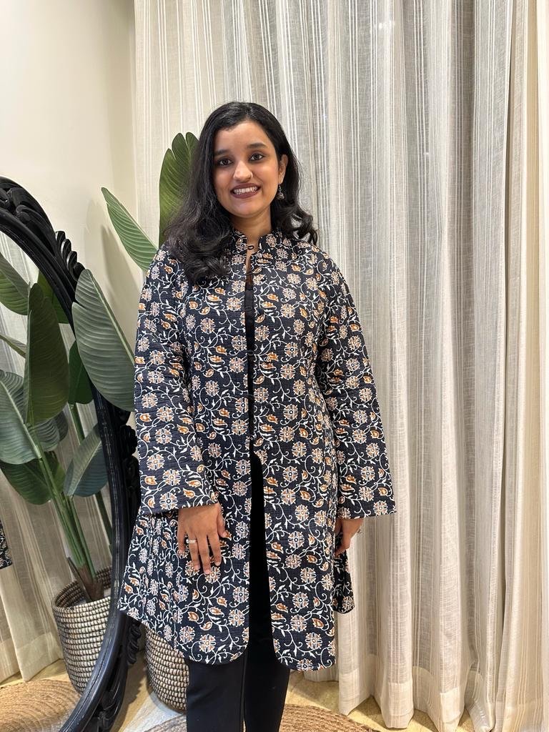 Reversible Quilted Long Jacket- Black Floral