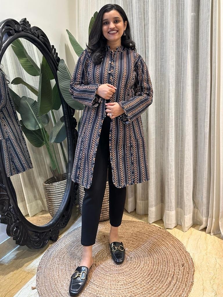 Reversible Quilted Long Jacket- Black Floral