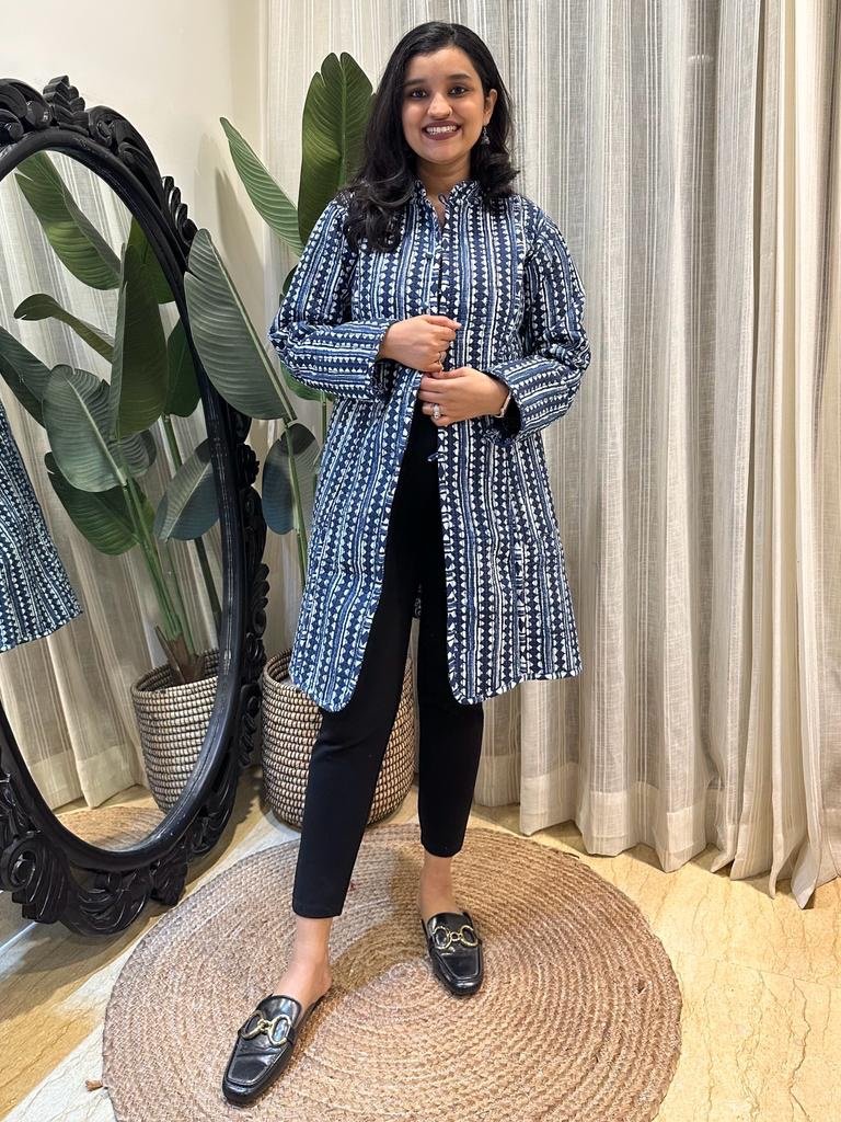 Reversible Quilted Long Jacket- Indigo Boota