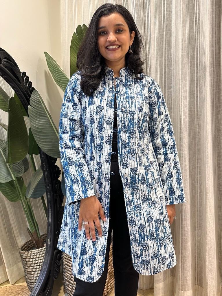 Reversible Quilted Long Jacket- Indigo Shibori