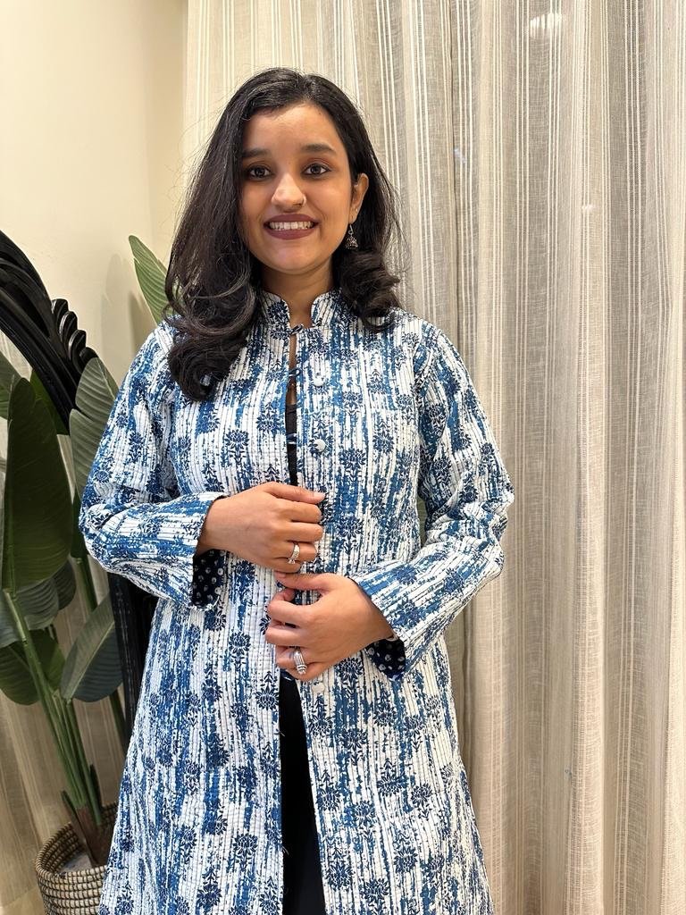 Reversible Quilted Long Jacket- Indigo Shibori