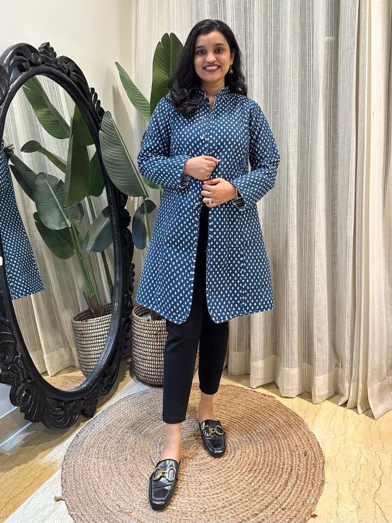 Reversible Quilted Long Jacket- Indigo Shibori