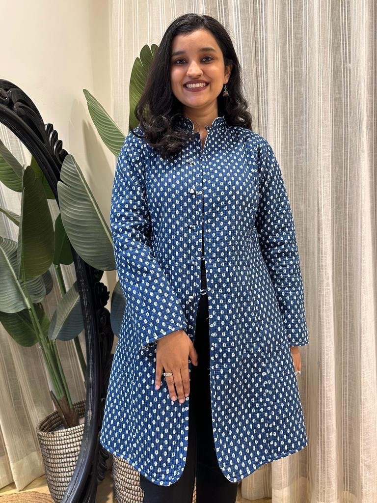 Reversible Quilted Long Jacket- Indigo Shibori