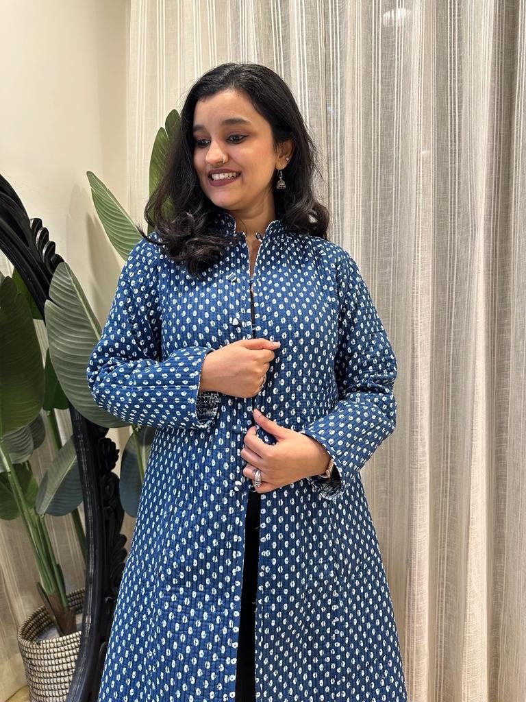 Reversible Quilted Long Jacket- Indigo Shibori