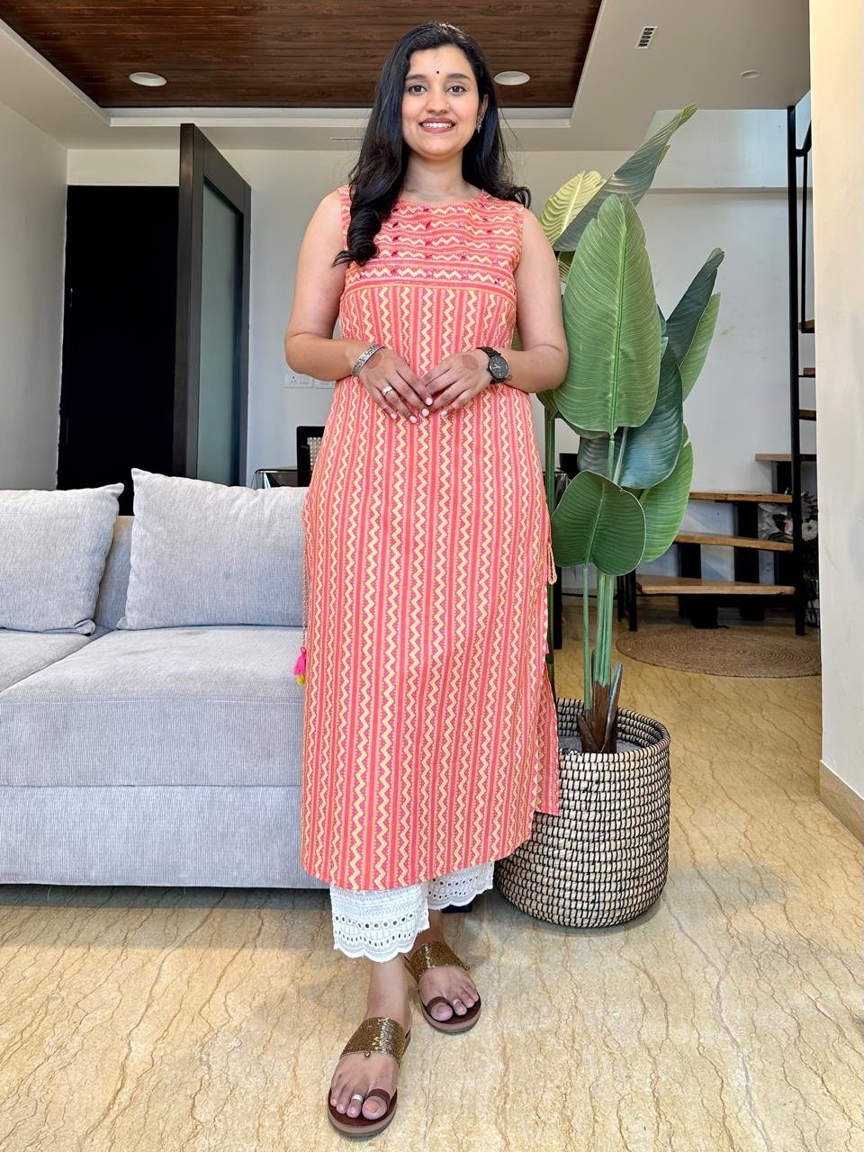 Stripe Sleeveless Kurta- Peach