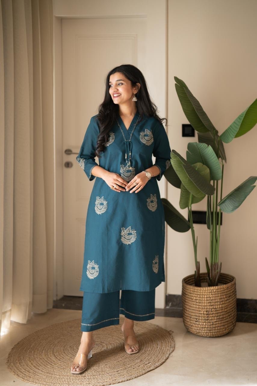 Raisha Embroidered Pant Set- Teal