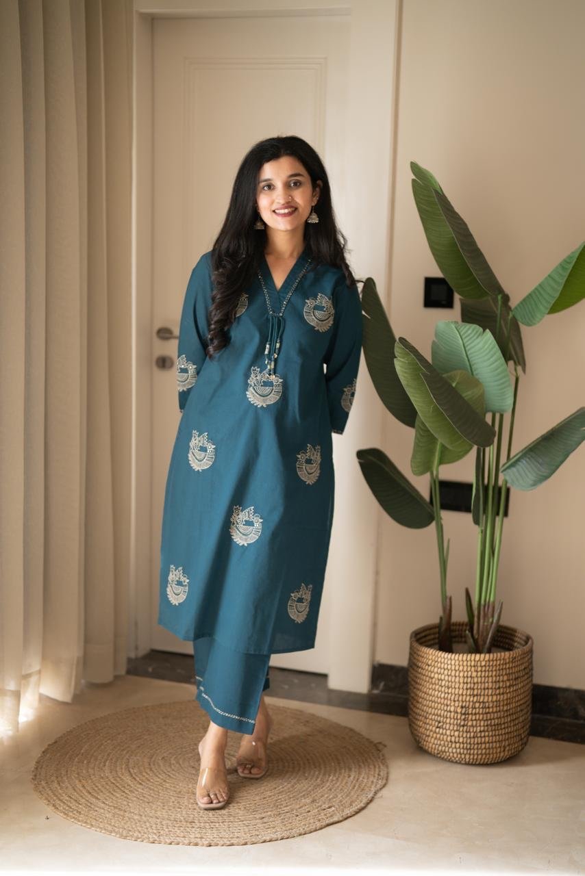 Raisha Embroidered Pant Set- Teal