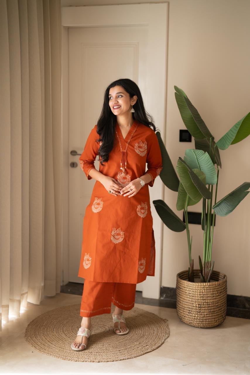 Raisha Embroidered Pant Set- Orange