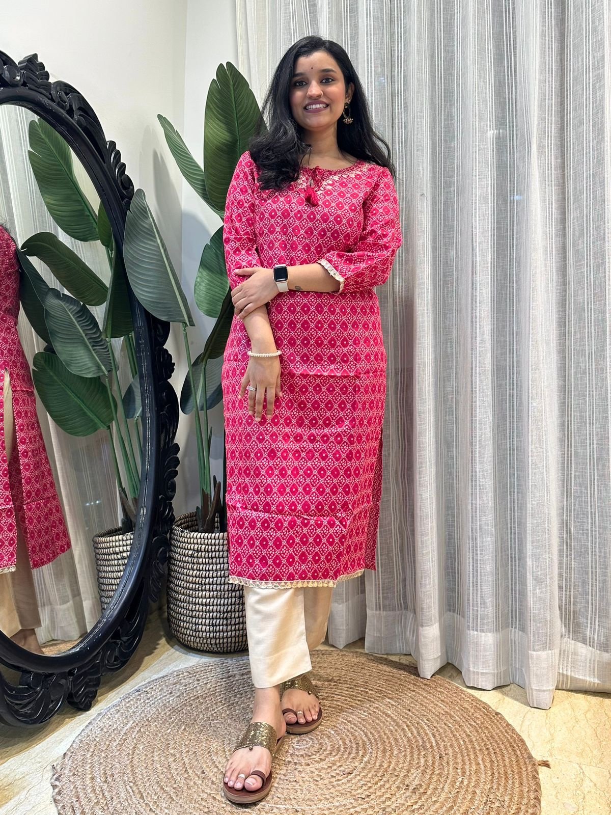 Simple Bandhej Kurta- Pink
