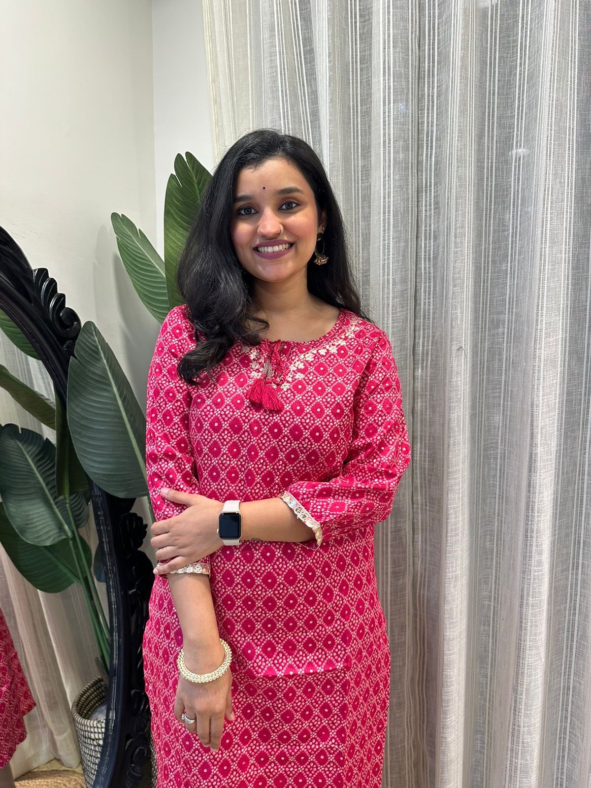 Simple Bandhej Kurta- Pink