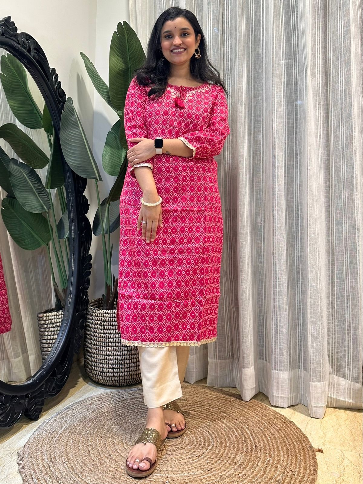 Simple Bandhej Kurta- Pink