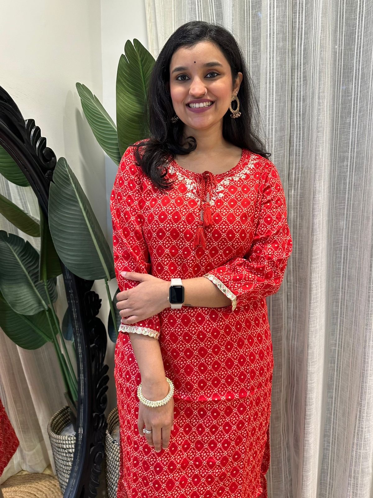 Simple Bandhej Kurta- Red