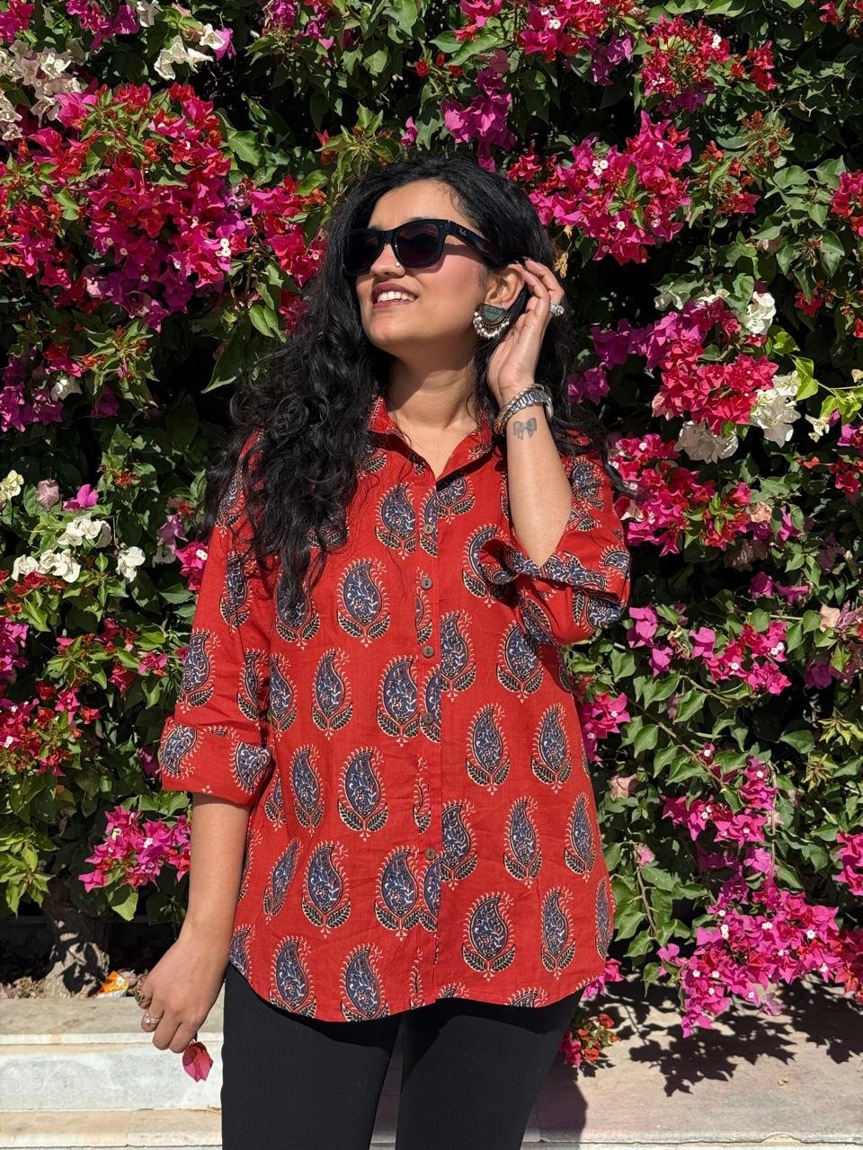 Trisha Relaxed Cotton Shirt- Maroon Boota