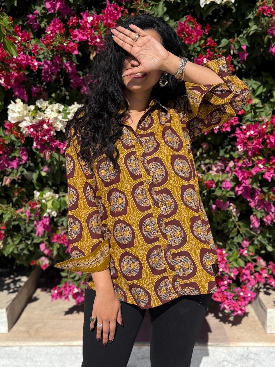 Trisha Relaxed Cotton Shirt- Mustard and Maroon
