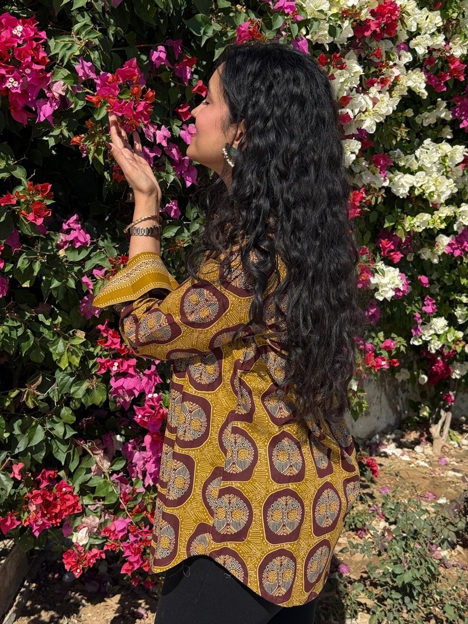 Trisha Relaxed Cotton Shirt- Mustard and Maroon