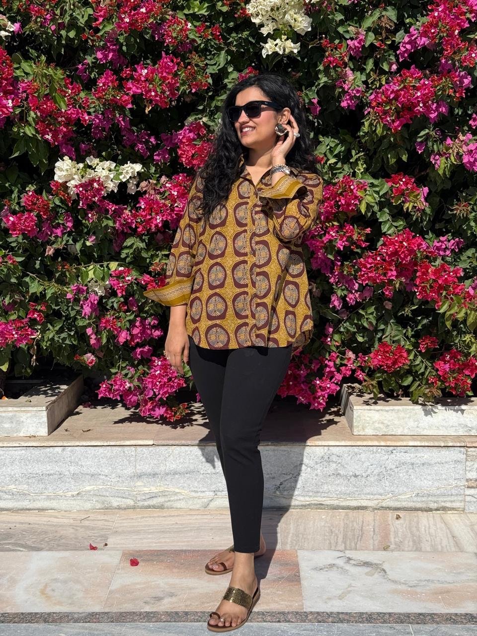 Trisha Relaxed Cotton Shirt- Mustard and Maroon