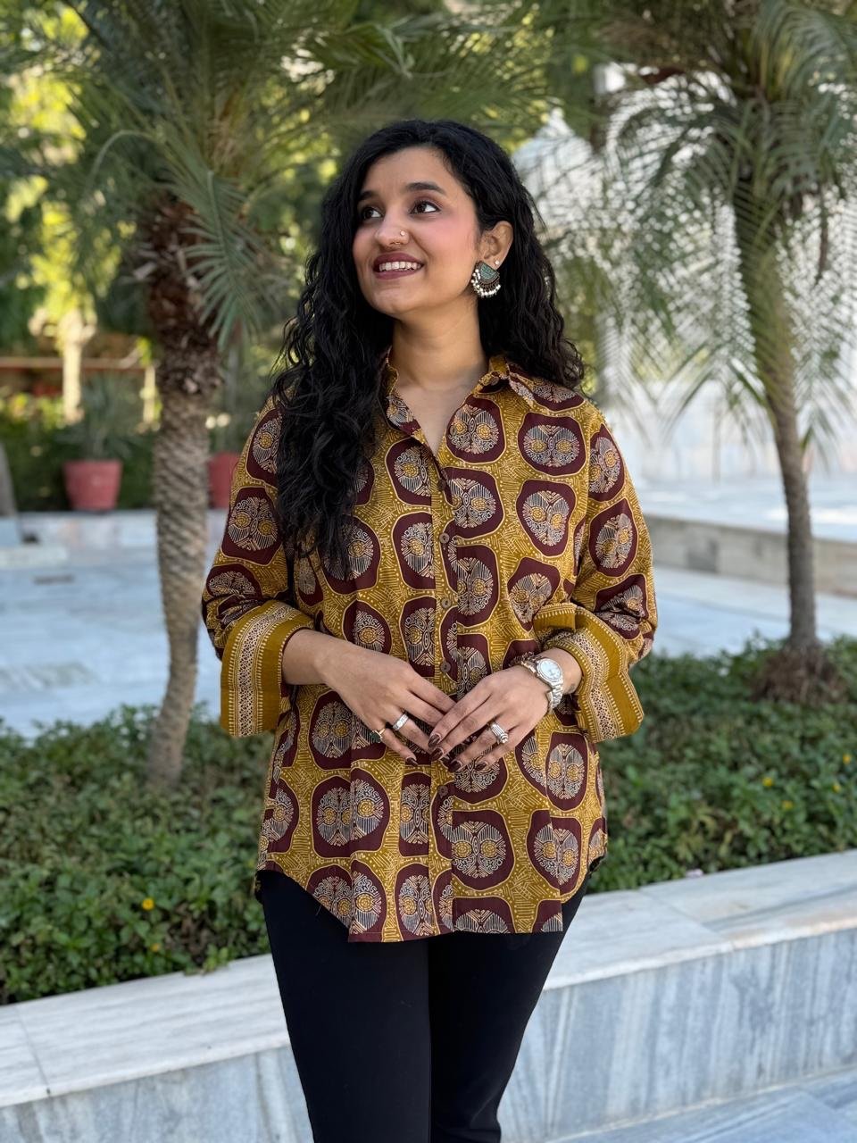Trisha Relaxed Cotton Shirt- Mustard and Maroon