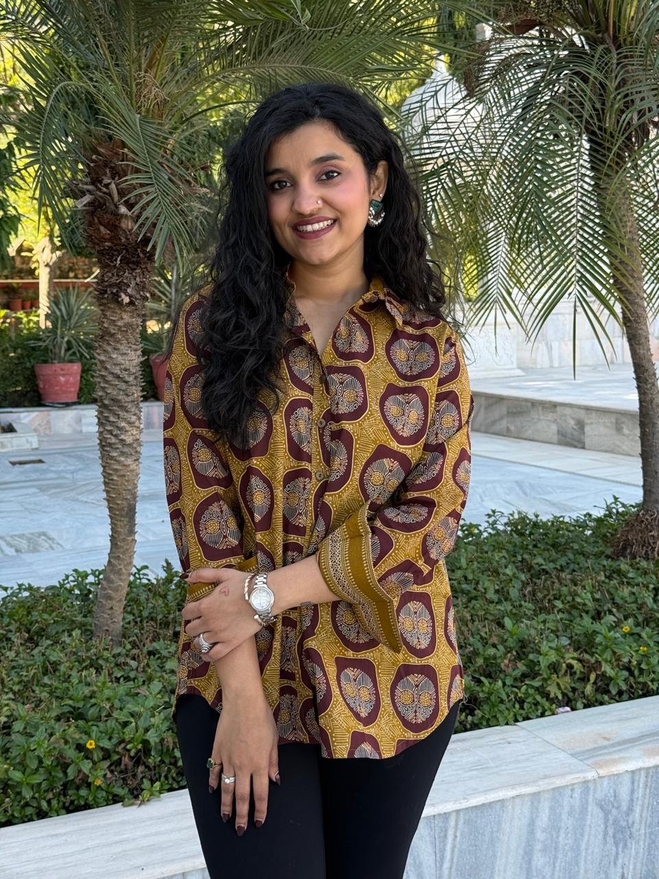 Trisha Relaxed Cotton Shirt- Mustard and Maroon