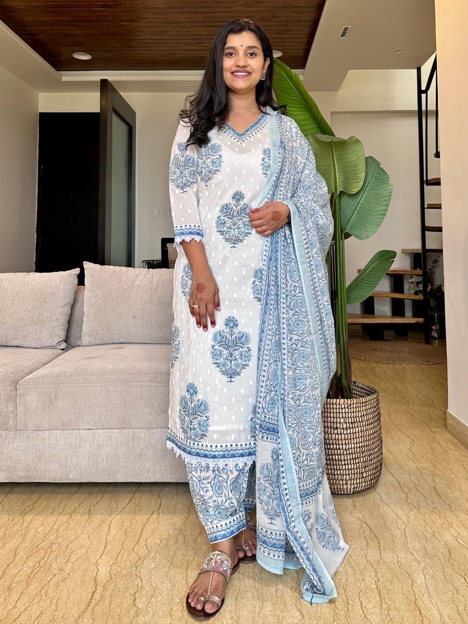 White Blue Boota Afghan Cotton Set