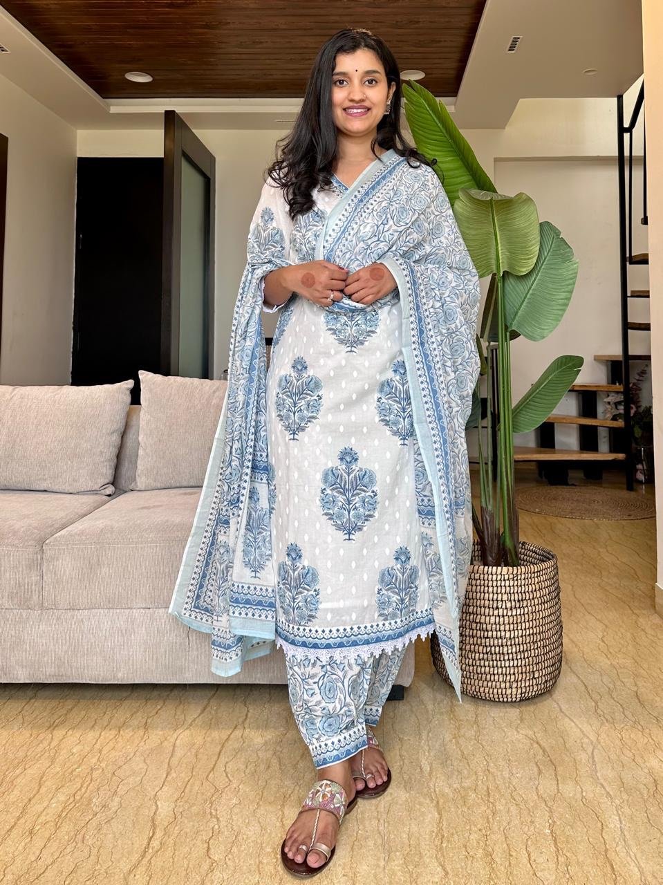 White Blue Boota Afghan Cotton Set