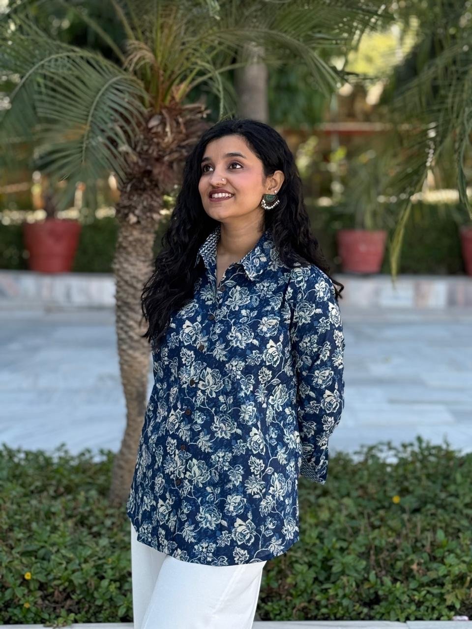 Trisha Relaxed Cotton Shirt- Indigo Florals