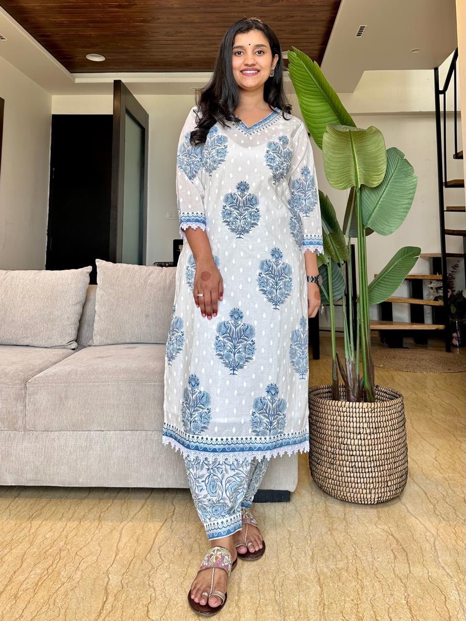 White Blue Boota Afghan Cotton Set