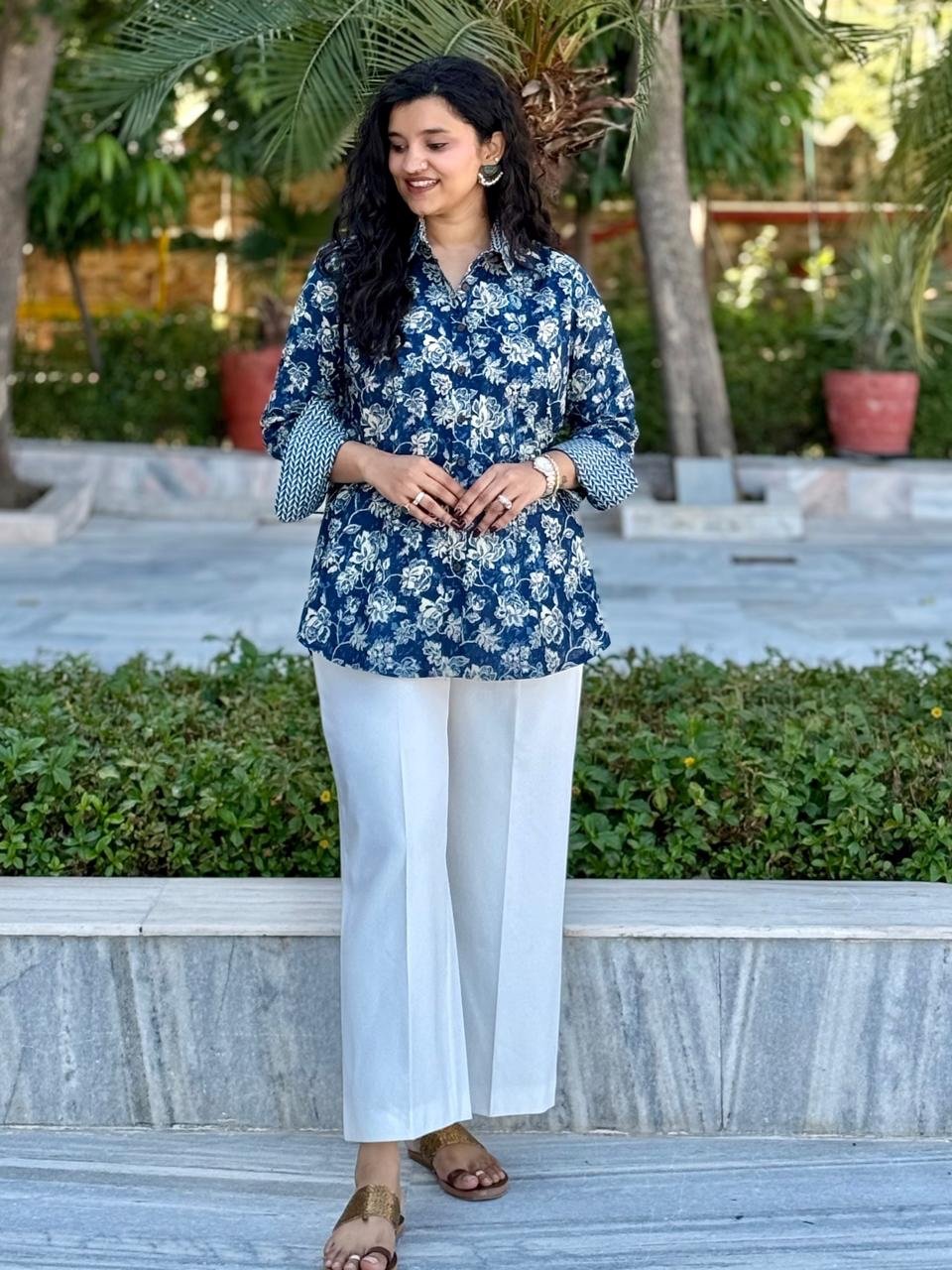 Trisha Relaxed Cotton Shirt- Indigo Florals